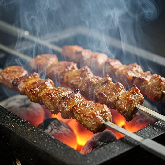 炭火で焼かれる羊肉串のシズル感あふれるクローズアップ