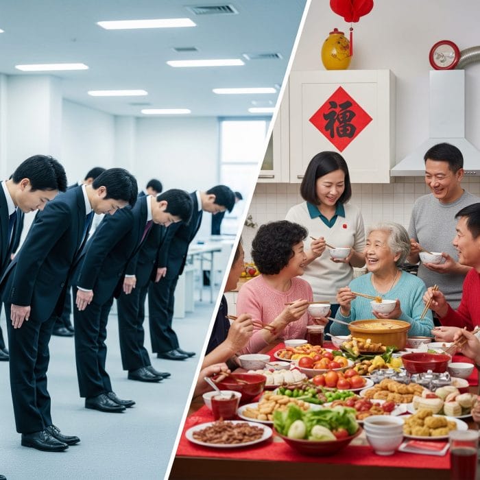 日本のフォーマルな場面と中国のインフォーマルな集まりを対比したイメージ