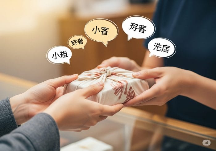 日本の店員が中国語の接客フレーズが書かれた吹き出しと共に顧客に商品を渡している様子