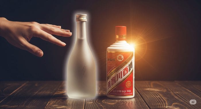 日本酒のボトルと白酒のボトルが並んでおり、手が日本酒を遠ざける仕草をしている様子