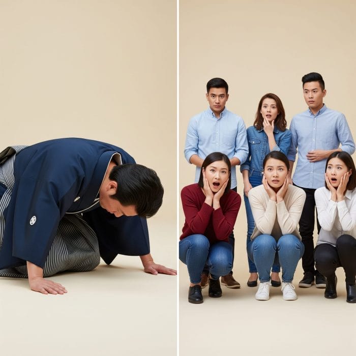 日本の土下座と中国人の困惑した表情を対比させたイメージ