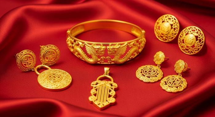 赤い絹の上に配置された豪華な中国の金の宝飾品のフラットレイ