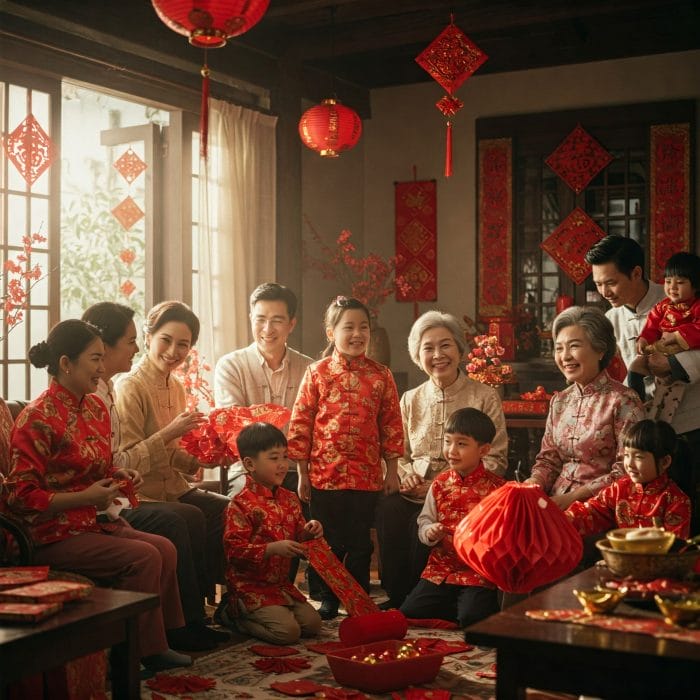 多世代の中国人家族が楽しそうに集まっているポートレート