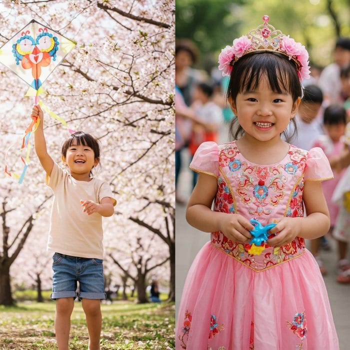 日本の子供服と中国の子供服を対比させたコラージュ