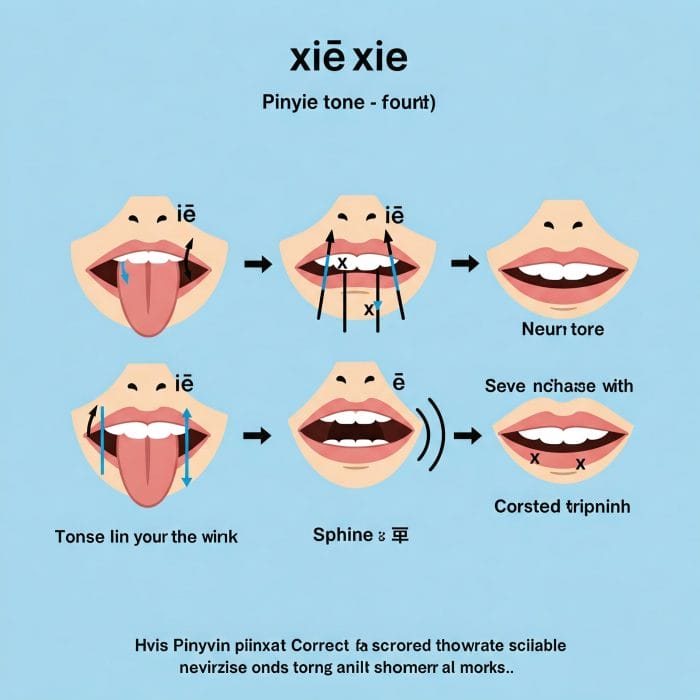 ピンイン「xièxie」と声調記号、および「x」と「ie」の発音時の口の形を示したインフォグラフィック