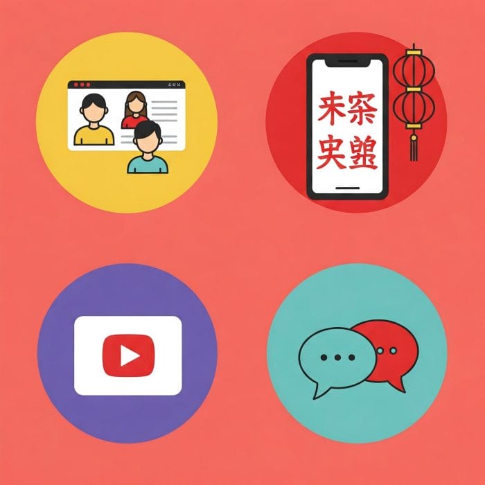 オンライン中国語学習の多様な方法を示すアイコン群。ビデオレッスン、アプリ、動画、会話。