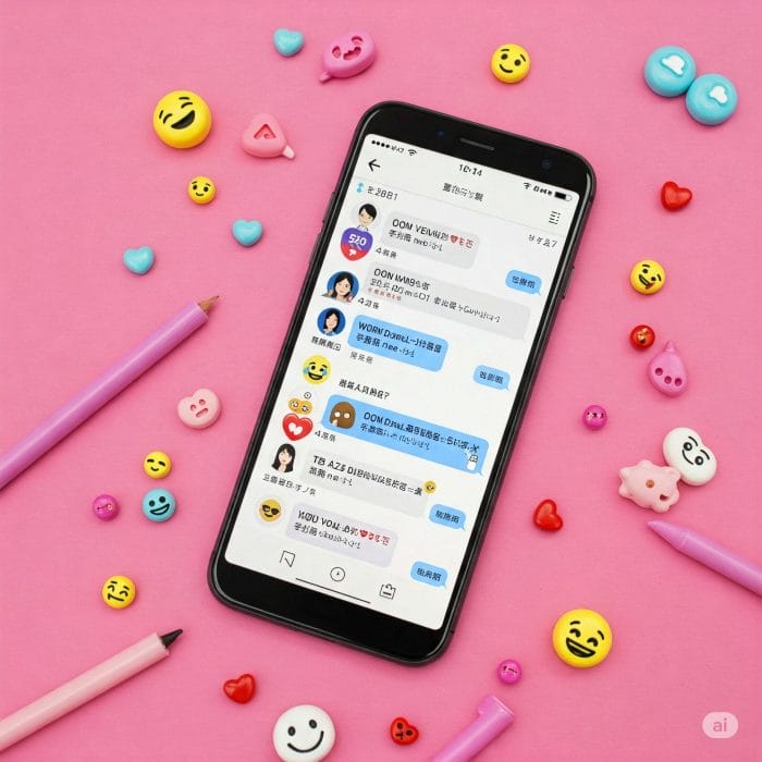スマートフォンでSNSチャットをする手元、画面には中国語の恋愛スラングや数字が見える