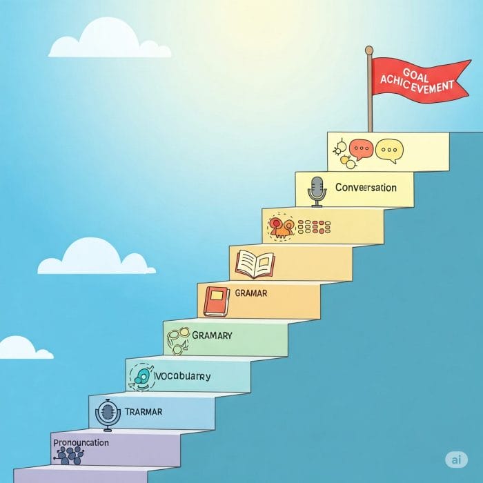 ステップアップする階段のイラスト（発音、単語、文法、会話、目標達成）