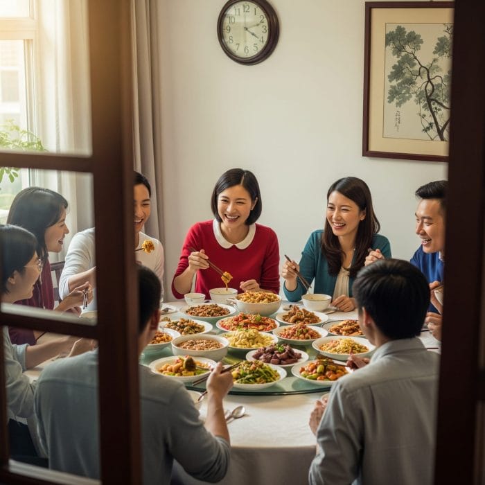 円卓を囲んで食事をする中国の家族または友人グループ