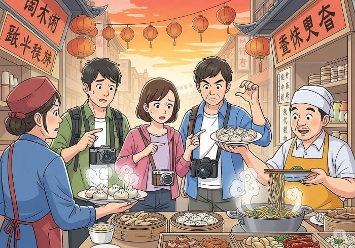 活気ある中国の市場で日本人観光客がジェスチャーでコミュニケーションを取ろうとしているユーモラスなイラスト