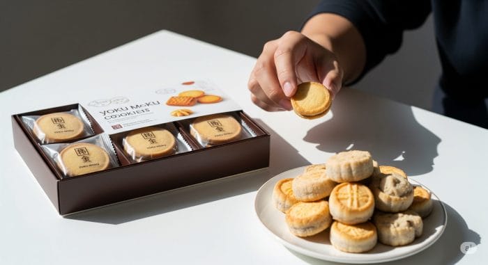 日本の高級菓子と、それに似た中国の一般的なお菓子が並べられている様子