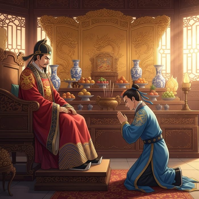 皇帝や神像の前にひざまずく歴史的な中国の場面のイラスト