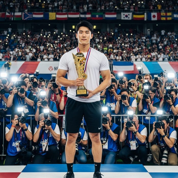 国際的なスポーツイベントでインタビューに答えるアスリート