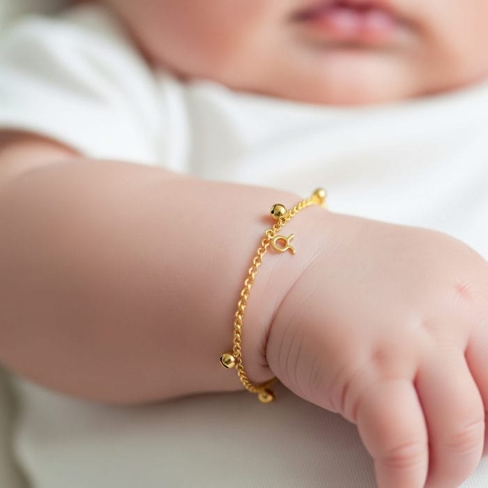 金のブレスレットをつけた赤ちゃんの腕のクローズアップ