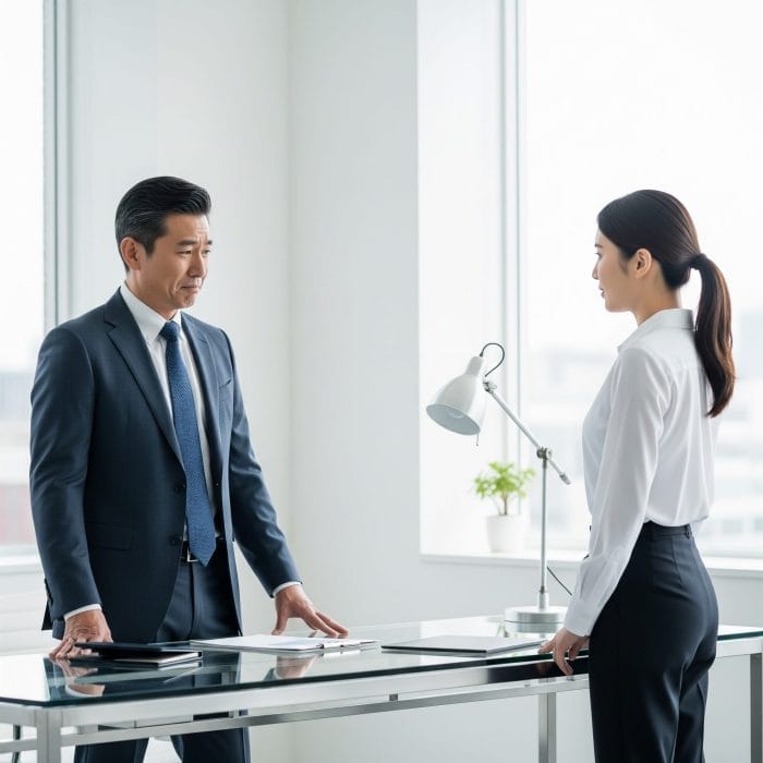 オフィスで残念なニュースを伝えるビジネスパーソンと聞いている相手