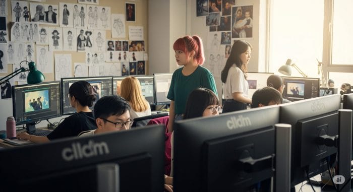 中国のアニメ制作スタジオでアニメーターが作業している様子