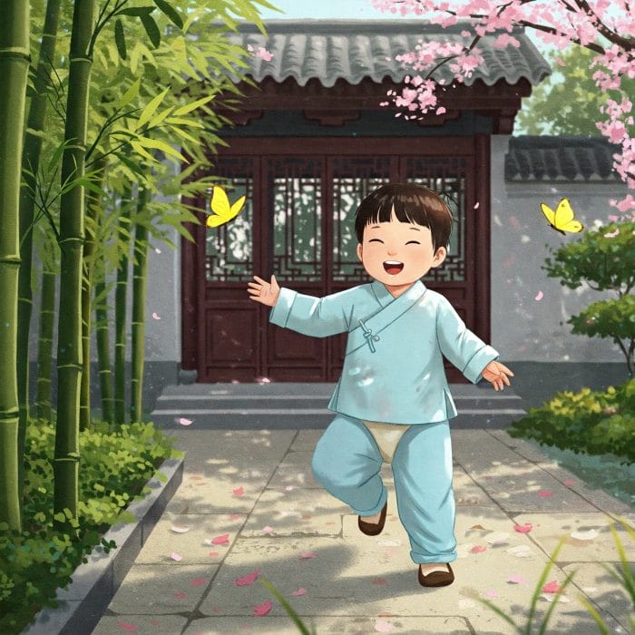 开裆裤を履いて公園で遊ぶ幼児のイラスト風描写