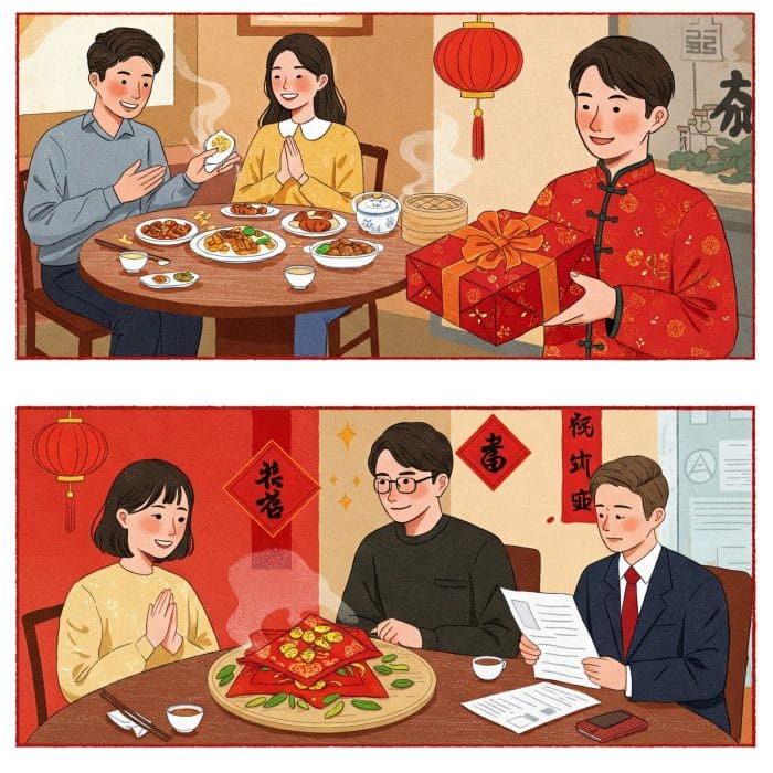 中国での食事シーン、プレゼント交換シーン、ビジネスシーンを組み合わせたコラージュ画像