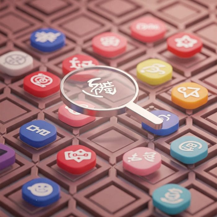 オンライン中国語サービスのロゴやアプリが格子模様の背景に配置され、中央に虫眼鏡があるイメージ。