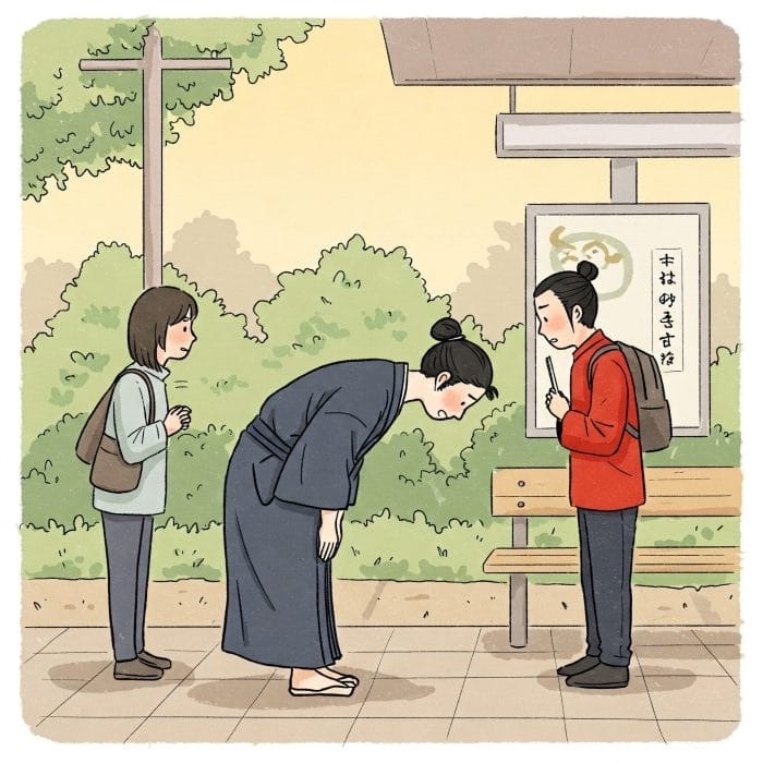 日本人が深々とお辞儀し、中国人が少し驚いているイラスト