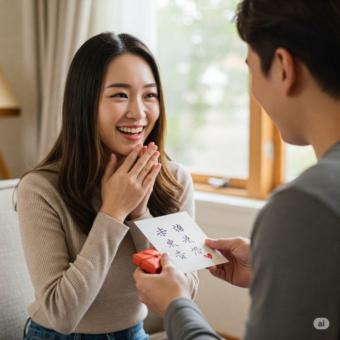 公園でパートナーから小さなプレゼントを受け取り微笑む人
