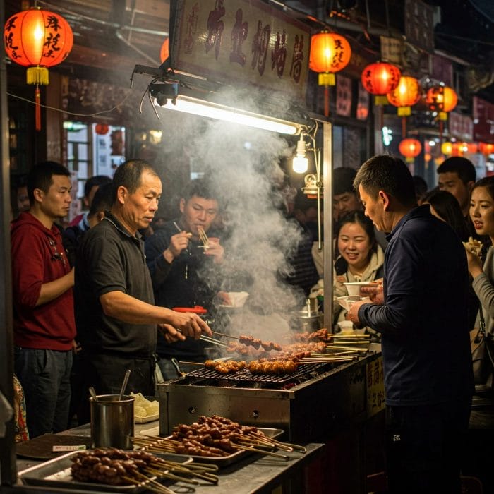 中国の夜市の活気ある羊肉串屋台の風景