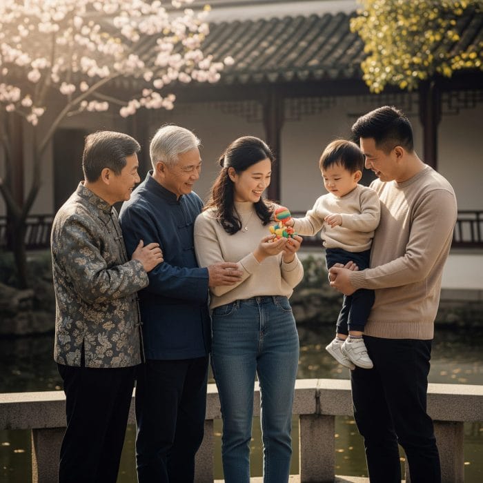 愛情を込めて子供と触れ合う多世代の中国人家族