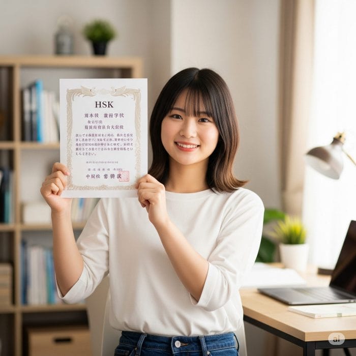 HSK合格証書を手に喜ぶ若者