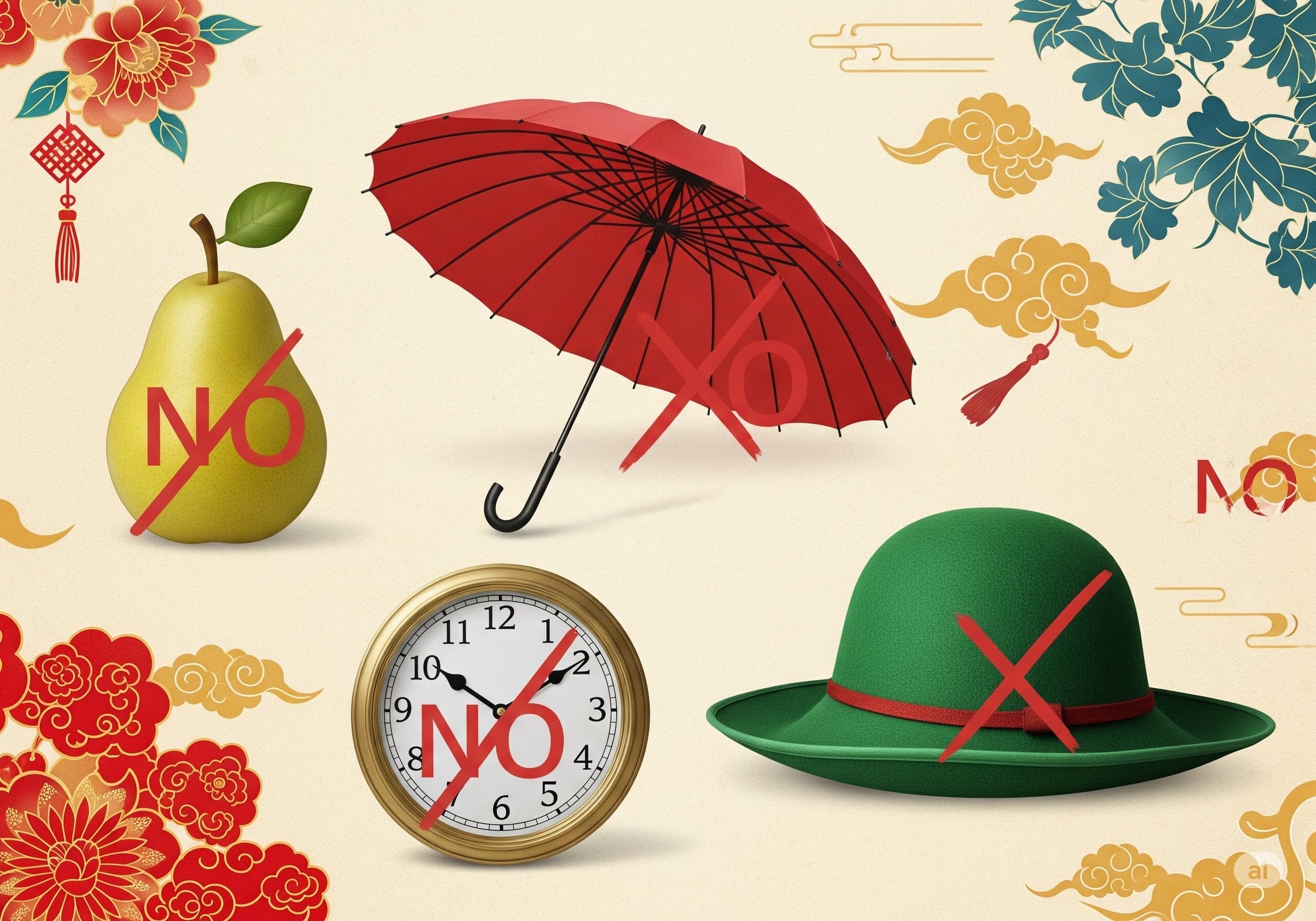 梨、傘、時計、緑色の帽子にNGマークが付いているイラスト