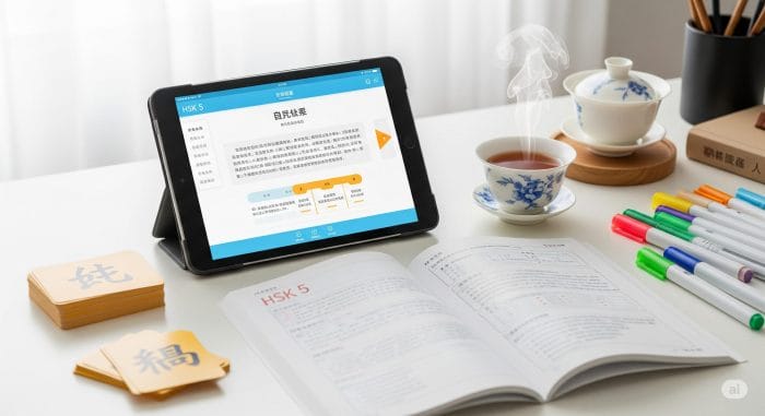 スマートフォンで中国語学習アプリを使っている手元と整理された学習道具、中国茶