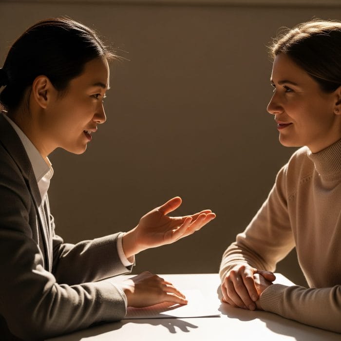 異なる文化背景を持つ二人がテーブルで真剣に話し合っている