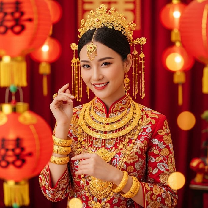 金のネックレスや腕輪を多数身に着けた中国の花嫁