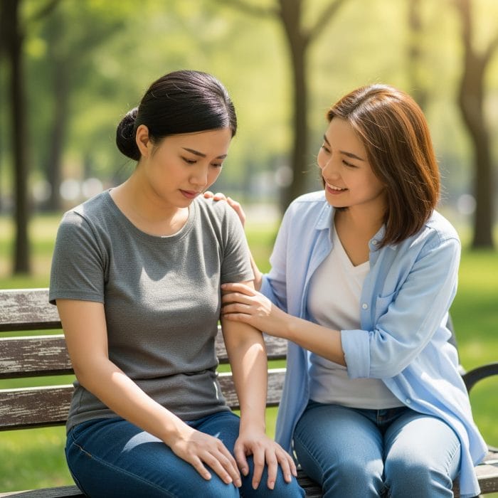 公園のベンチで友人を慰める人