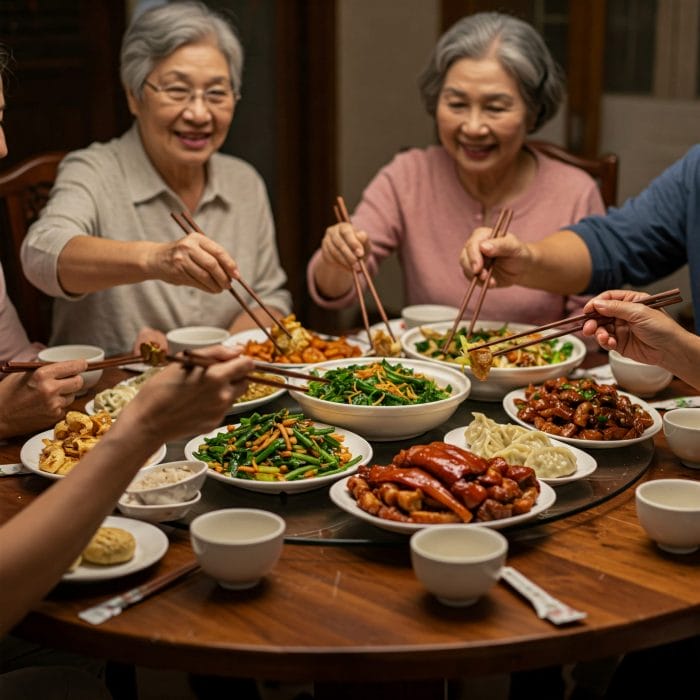 中国の食卓で正しく箸を使っている手の様子