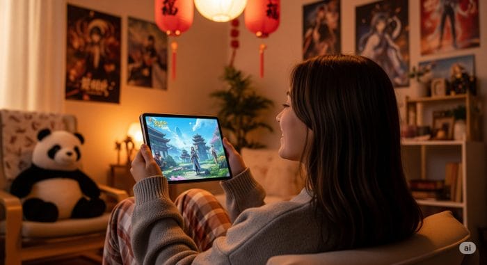 若い女性が部屋でタブレットで中国アニメを視聴している様子