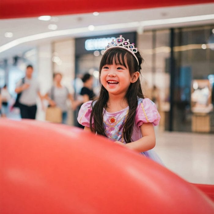 お姫様ドレスを着て公園で遊ぶ中国の女の子