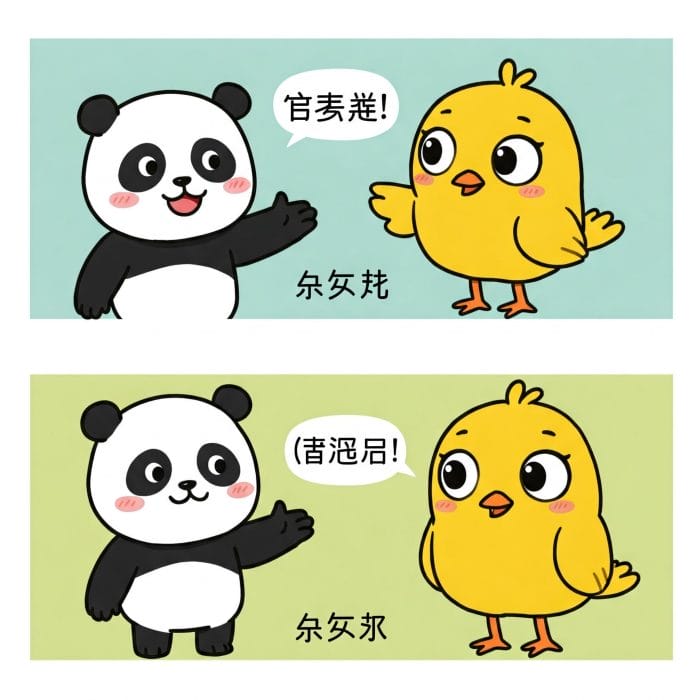 中国語で「ありがとう」と「どういたしまして」を交わす漫画風のキャラクター