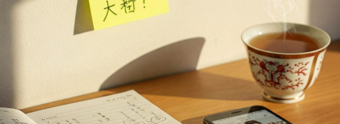 机の上には、手書きのメモが書かれたノート、ペン、スマートフォン、そしてお茶のカップが置かれている。壁には中国語の文字が書かれた黄色い付箋が貼られている。. 机の上には、手書きのメモが書かれたノート、ペン、スマートフォン、そしてお茶のカップが置かれている。壁には中国語の文字が書かれた黄色い付箋が貼られている。.