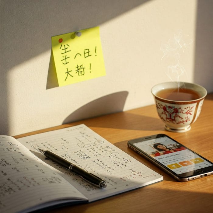 中国語の学習ノート、ペン、スマホ、中国茶が置かれたデスク。「加油！」の付箋。