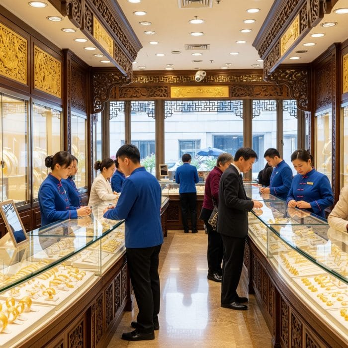 明るく照らされたショーケースに金製品が並ぶ中国の宝飾店の店内