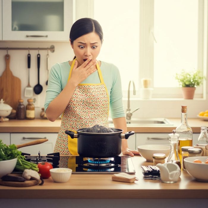 キッチンで料理を焦がして驚いている人のコミカルなイラスト