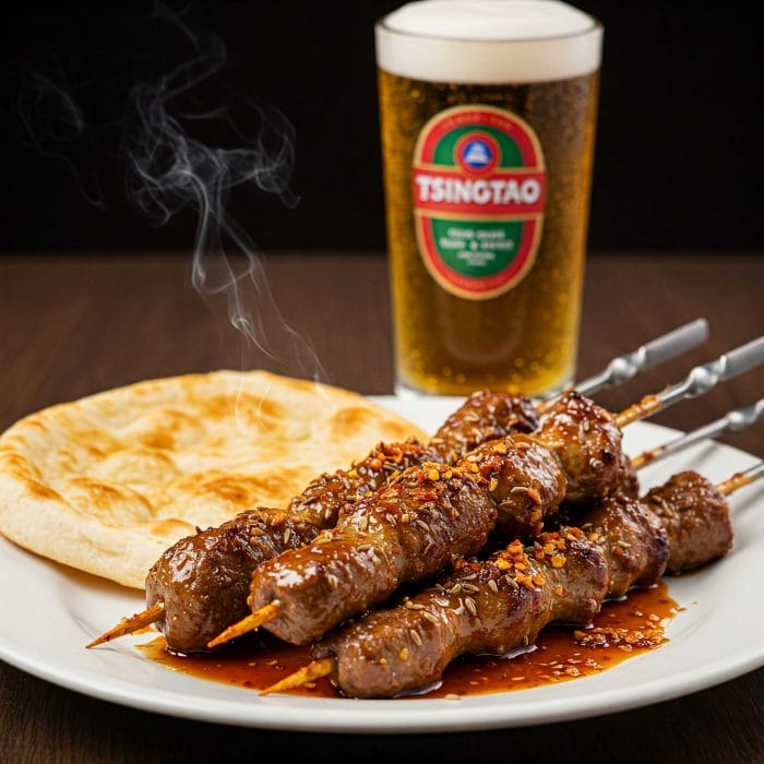 焼きたての羊肉串と中国ビール、ナンのクローズアップ