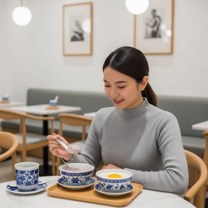 中国式カフェでデザートを楽しむ女性