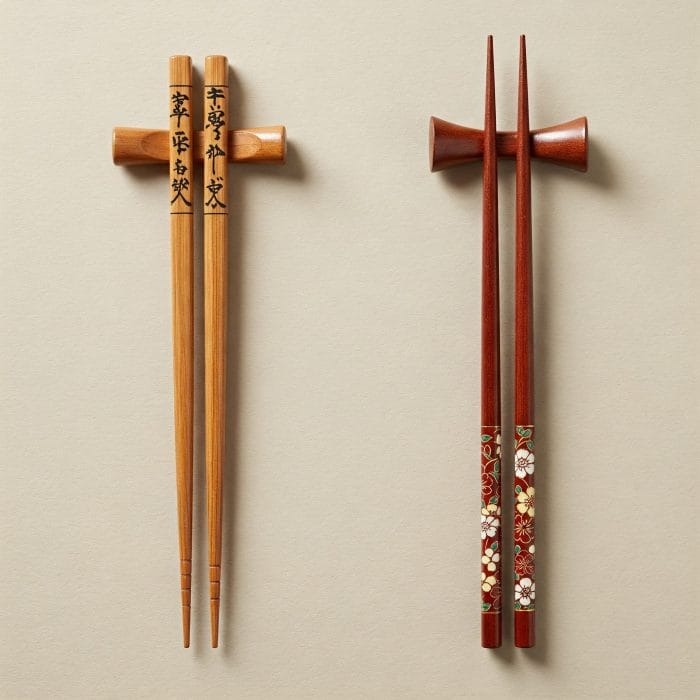 中国箸と日本箸を並べて比較した画像