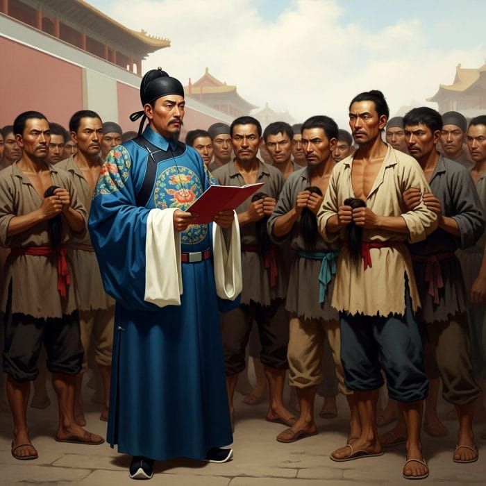 清朝の役人が辮髪令を布告し、漢民族の男性が抵抗する歴史画風のイメージ