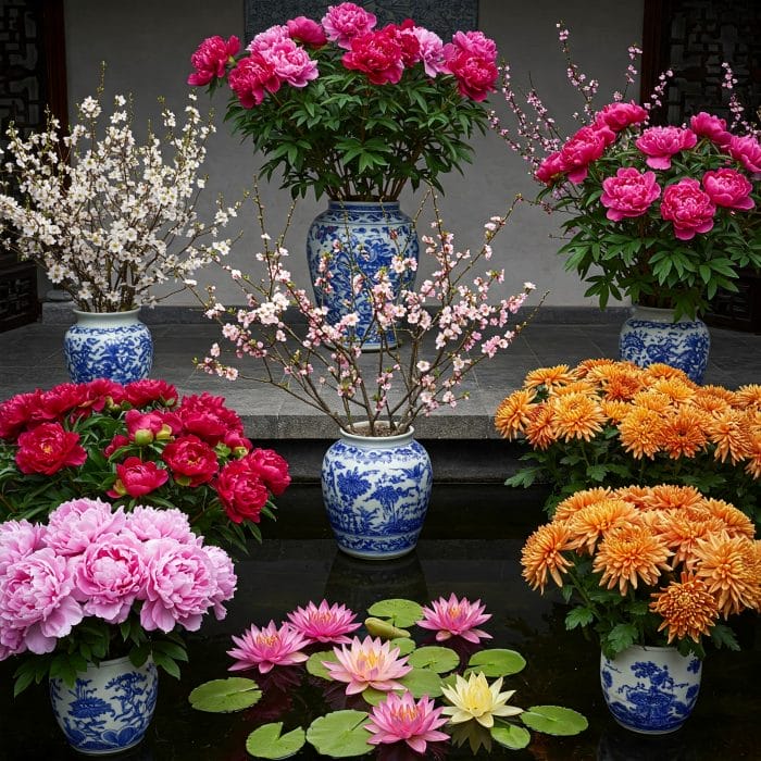 牡丹、梅、蓮、菊など中国で愛される花々のエレガントな構図