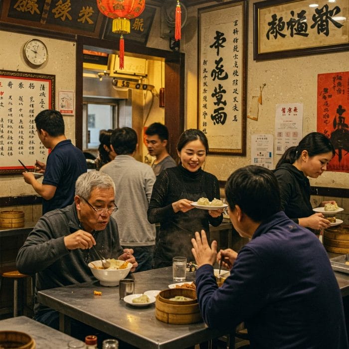 食堂で食事をしながら挨拶を交わす人々