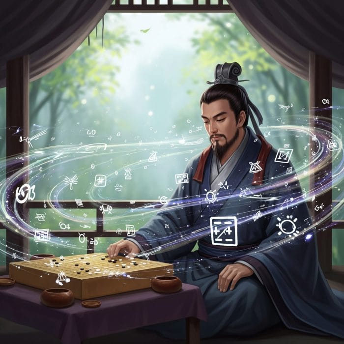 囲碁盤を前に思索にふける諸葛亮孔明のイメージ