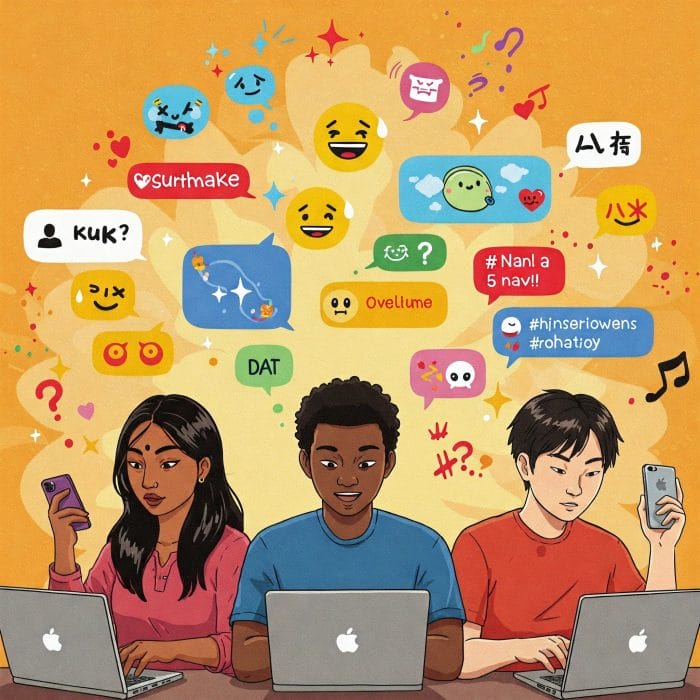 スマホやPCでオンラインチャットをする若者たちのイラスト