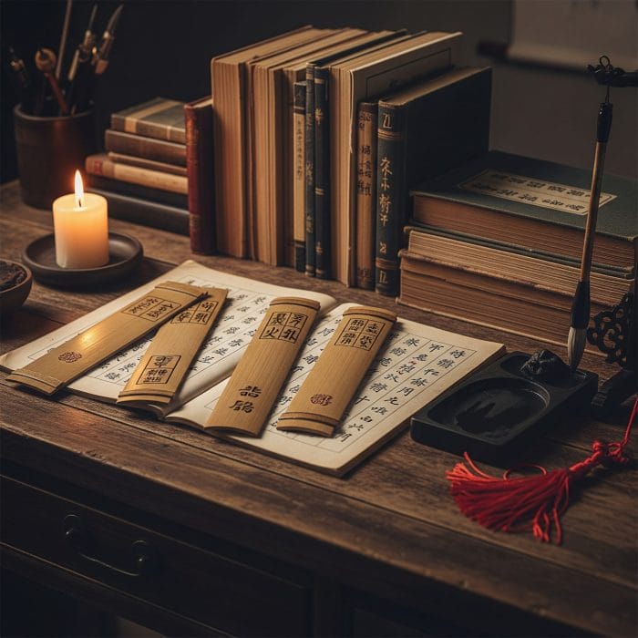 竹簡と書物が置かれた机の上の筆と硯